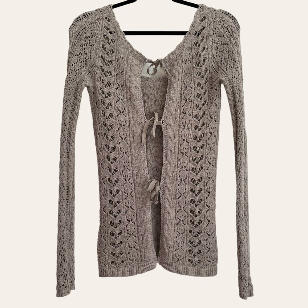 Free People Boho Crochet Tie Open Back S Top Stone Beige Tan Long Sleeves EUC - Picture 3 of 13